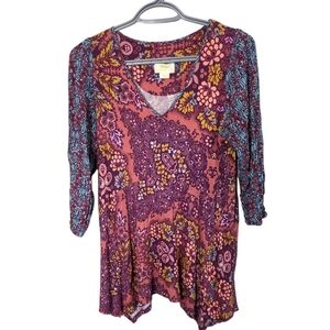 Maeve‎ by Anthropologie Mariella Floral V-Neck Tunic Small Asymmetrical Hem Sz S